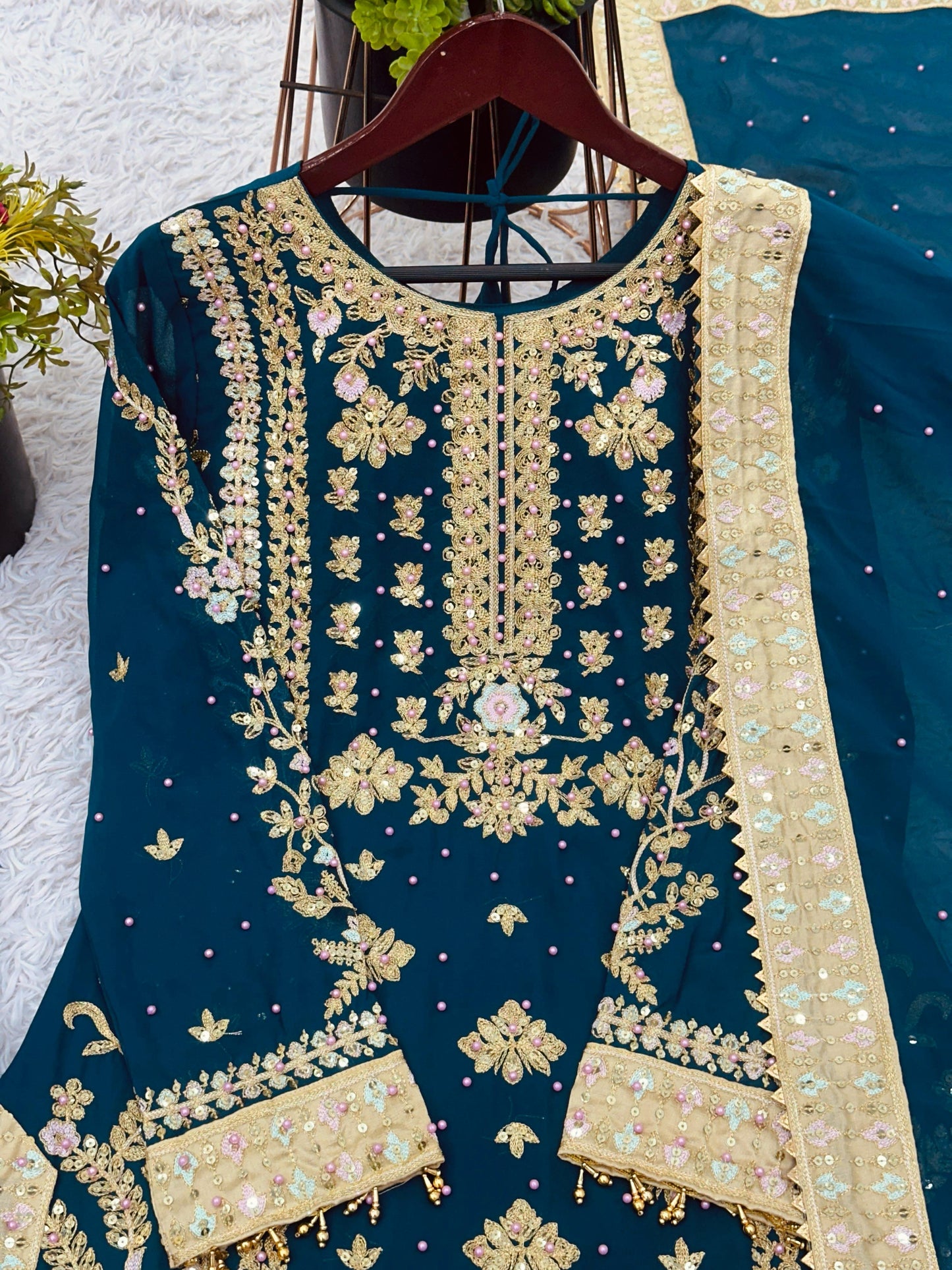 Heavy Georgette With Heavy Embroidery Sequence Work with Rivet Moti Work*with Sleeve*