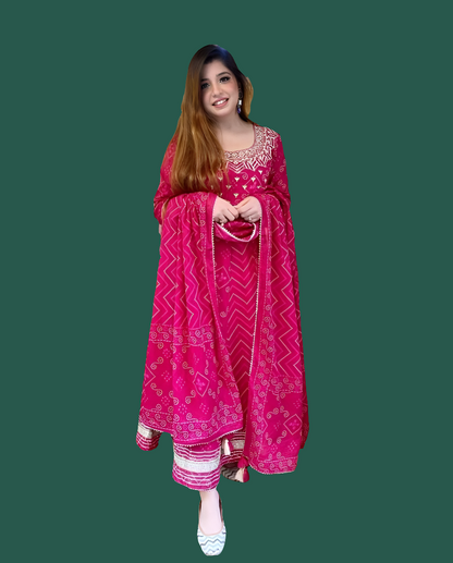 Elegant pink cotton kurti for women with intricate embroidery and matching dupatta