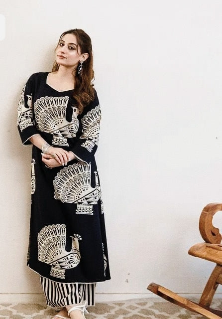 Elegant black stylish kurti for women with peacock motifs, perfect for casual and festive occasions